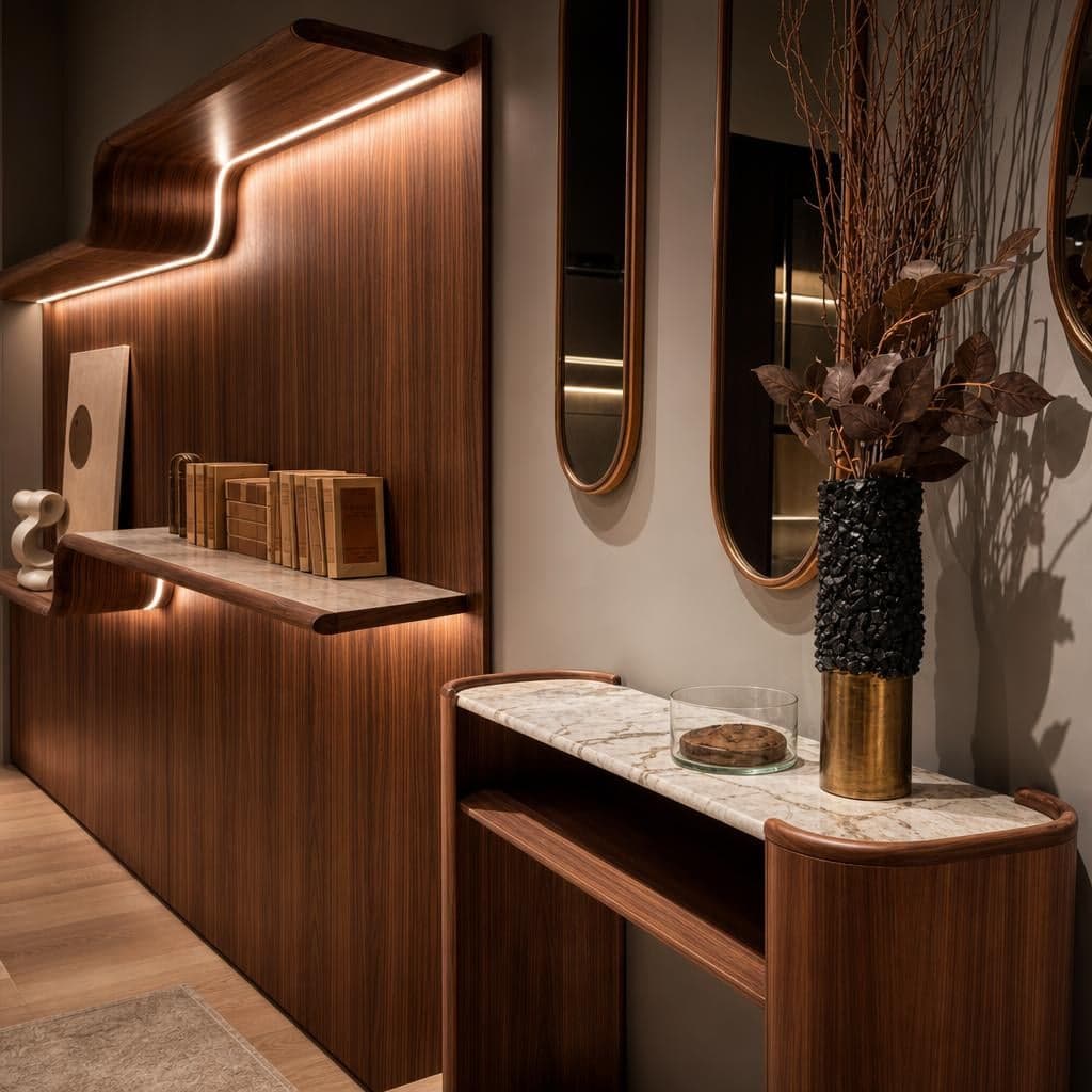 A luxury hospitality reception, sculpted in walnut